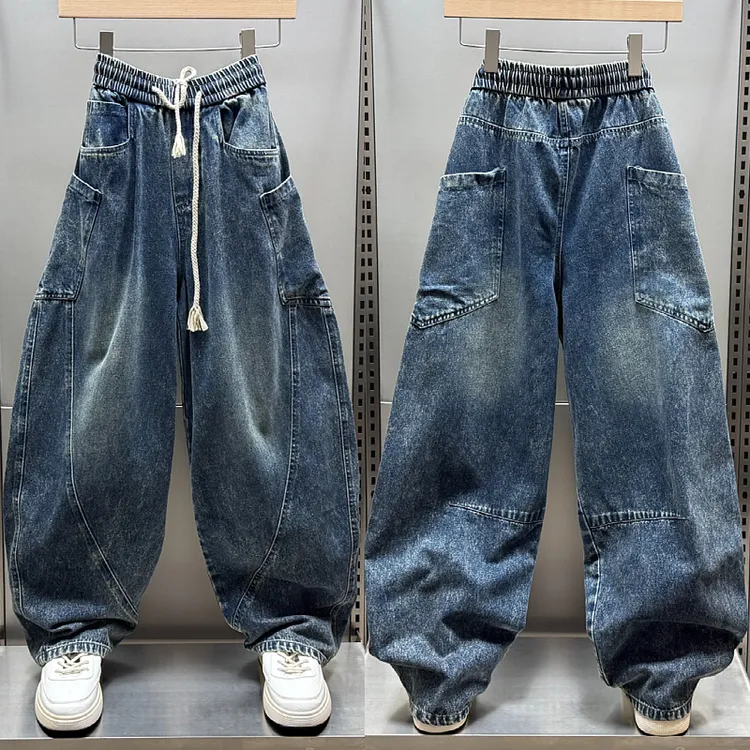 秋季新款牛仔裤拼接男士多口袋宽松直筒裤青年水洗复古潮流弯刀裤