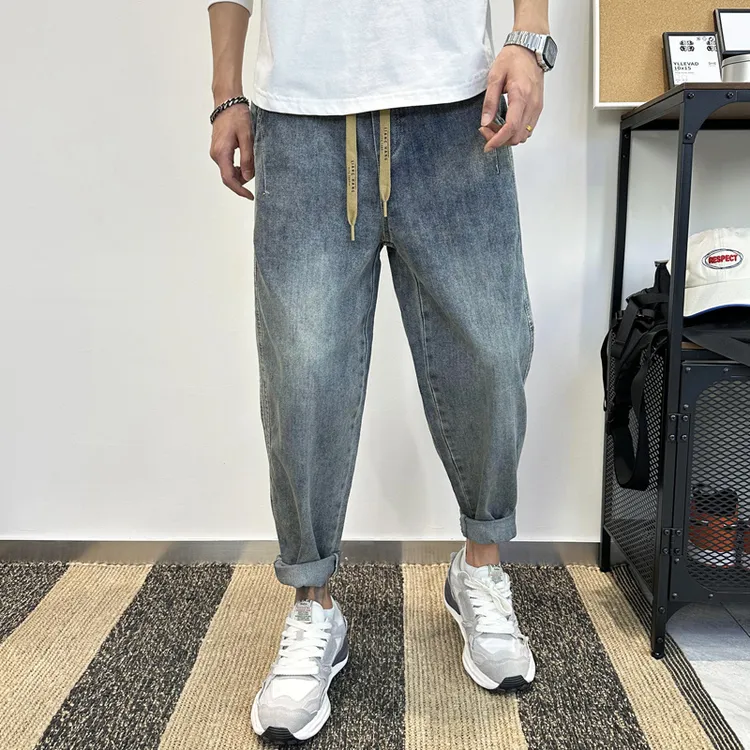 秋季新款男士蓝色牛仔裤宽松哈伦裤松紧腰萝卜裤阔腿九分小脚裤潮