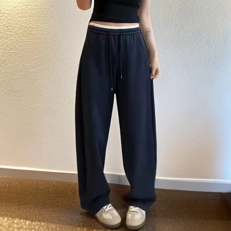欧货撞色高腰显瘦休闲阔腿裤卫裤女春秋2025新款韩系百搭薄款裤子