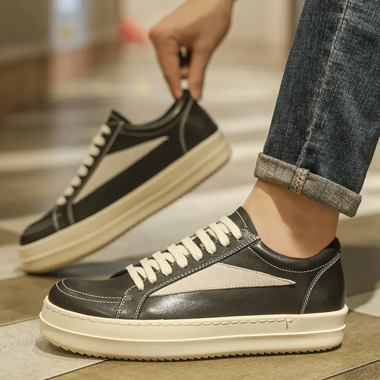 男鞋真皮厚底低帮黑白系带三角标暗黑风高街休闲板鞋新款潮鞋子