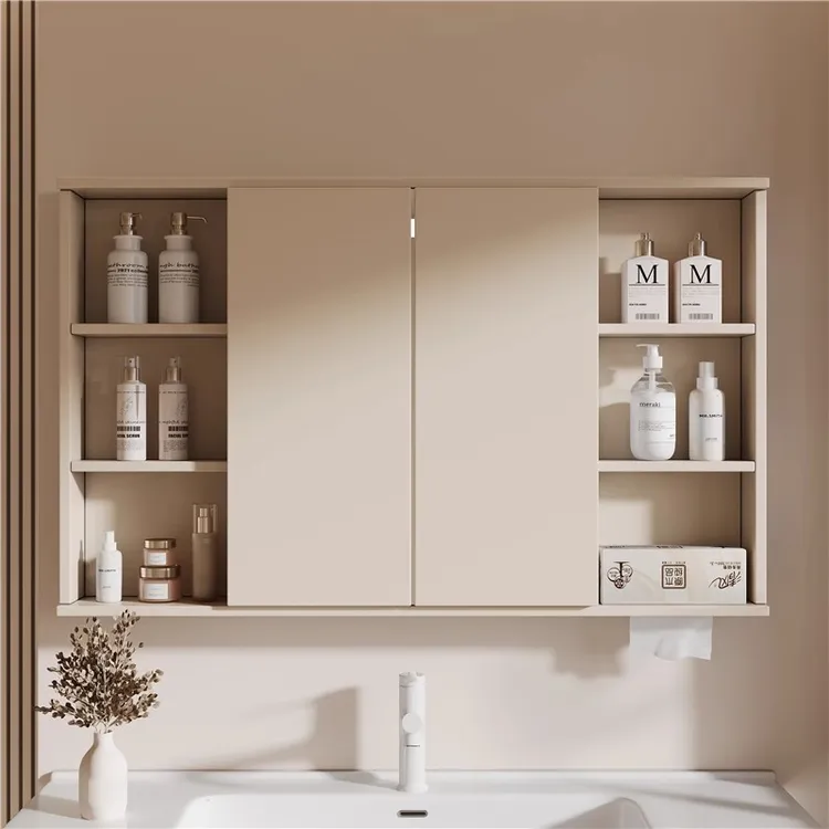 隐藏镜多层实木智能浴室镜收纳美妆除雾时间显示轻奢镜柜一体智能