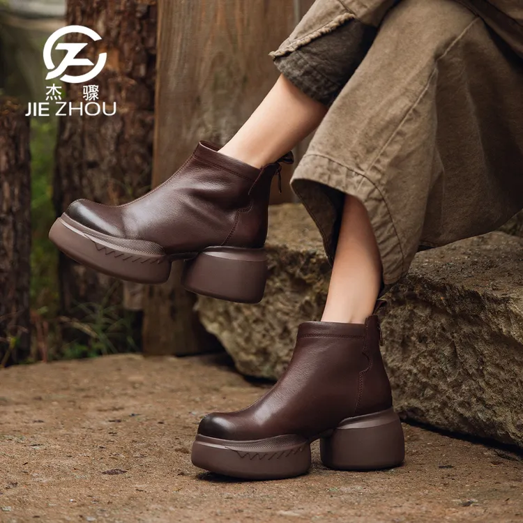 杰骤秋冬款加绒加厚低帮靴子女厚底粗跟真皮短靴牛皮高级感马丁靴
