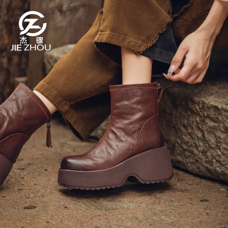 杰骤春秋款厚底粗跟真皮短靴女头层牛皮英伦风马丁靴时尚百搭靴子