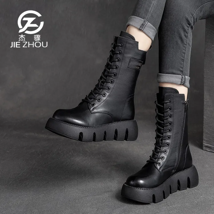 杰骤冬季新款复古真皮马丁靴女加绒加厚保暖棉靴高档牛皮中筒靴子