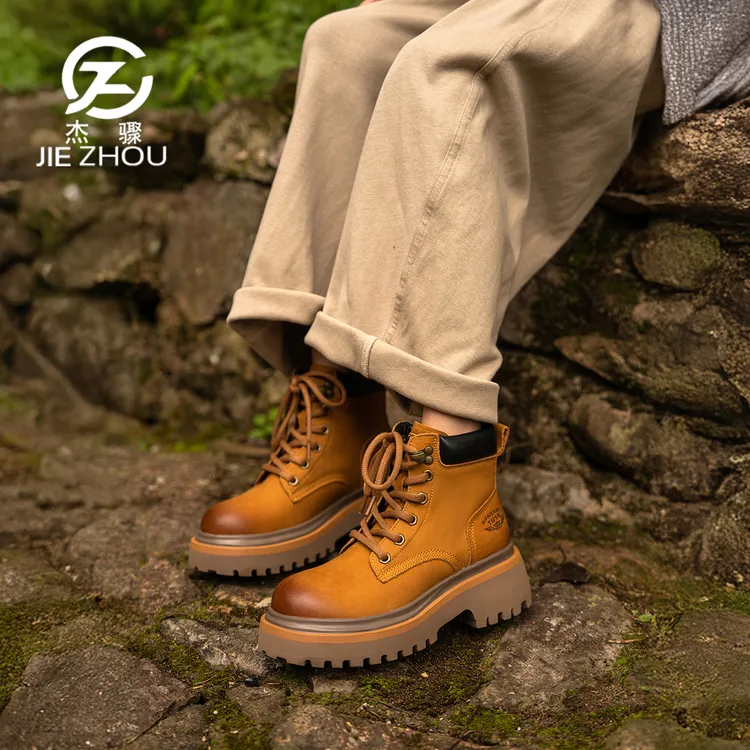 杰骤秋冬真皮加绒短靴时尚大黄靴女款厚底高帮马丁靴复古牛皮靴子