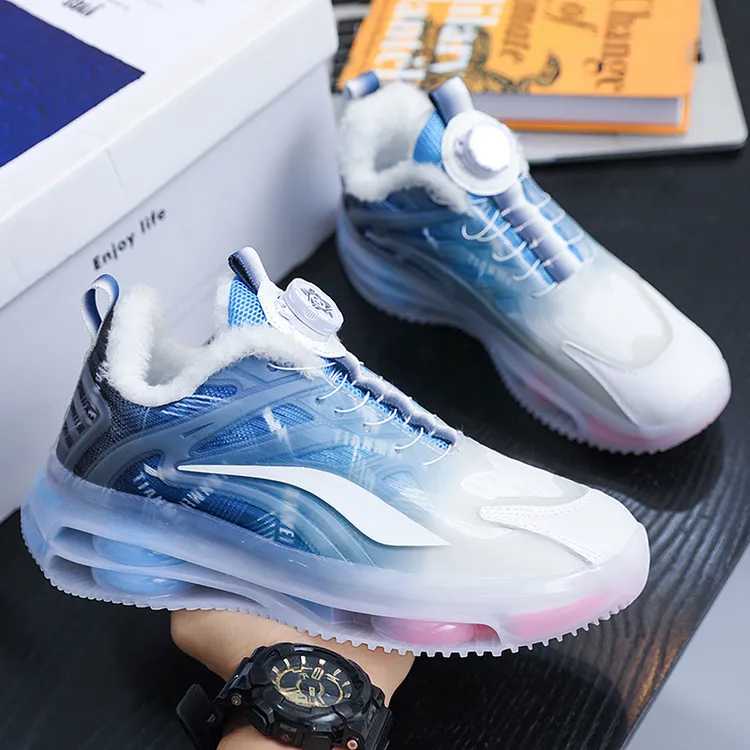 青少年运动鞋旋转纽扣无鞋带男鞋秋冬加绒棉鞋初中学生男童跑步鞋