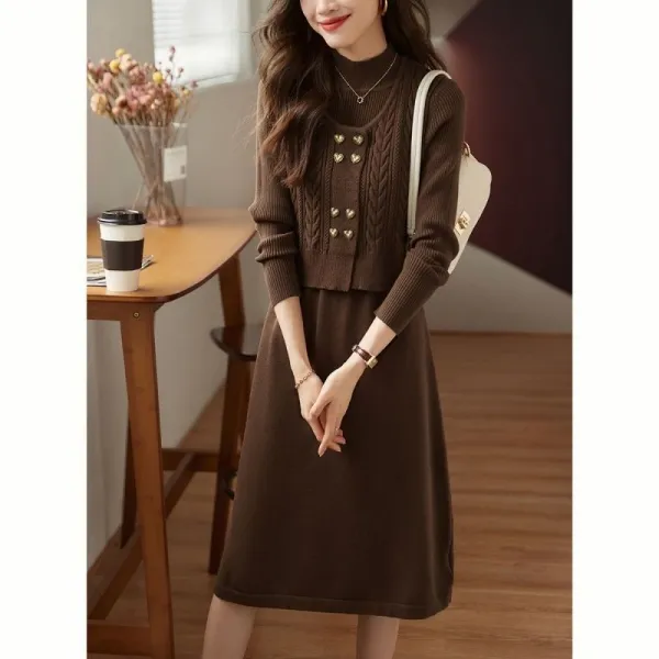 秋季套装裙秋冬新款两件套连衣裙中长款毛衣裙宽松显瘦时尚打底裙