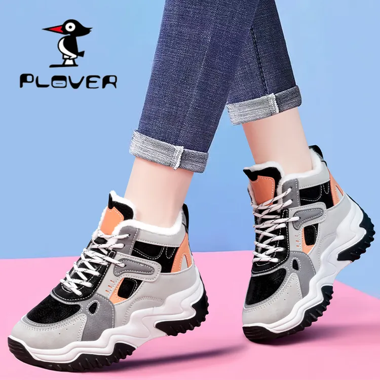 PLOVER加绒厚底绑带抗寒雪地靴女短筒靴秋冬保暖防滑棉鞋高帮鞋女