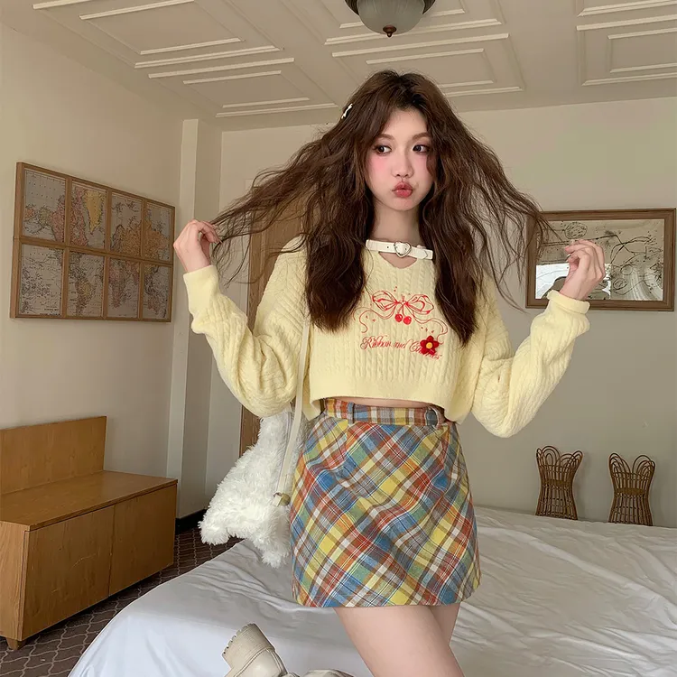 奶油小樱 织物猪原创 美式多巴胺辣妹印花毛衣上衣格纹显瘦短裙