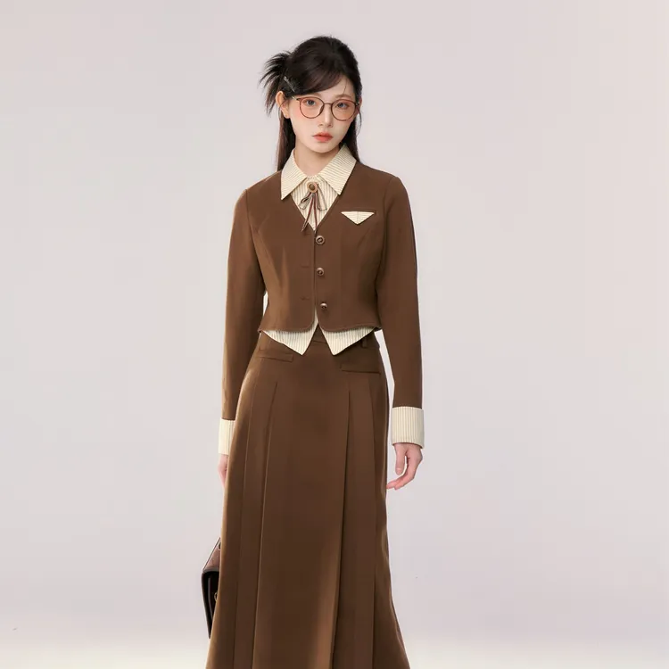 丝绒拿铁 织物猪原创 棕咖色美式复古感学院风收腰显瘦JK制服