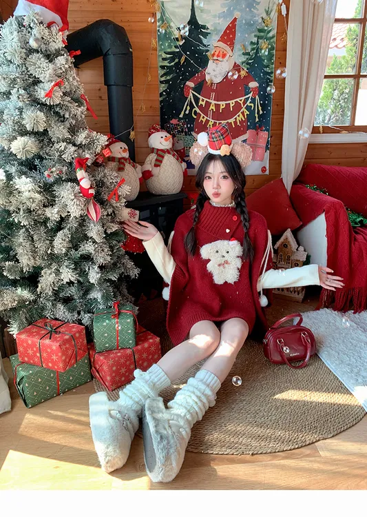 斗篷小狗红色 织物猪原创  miu系圣诞新年毛绒小狗秋冬针织衫上衣