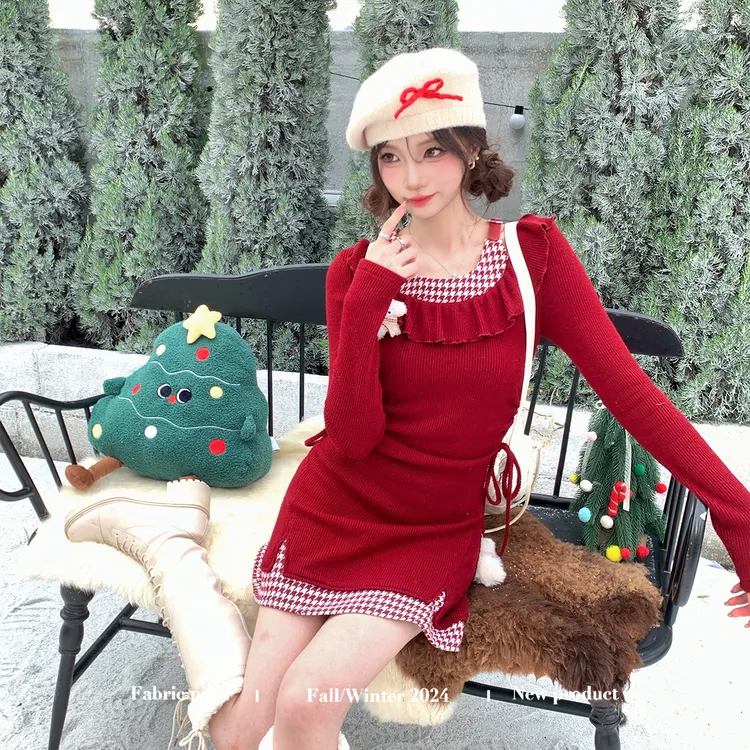 圣诞初雪 织物猪原创 红色挂脖连衣裙女秋冬碎闪荷叶边领口收腰