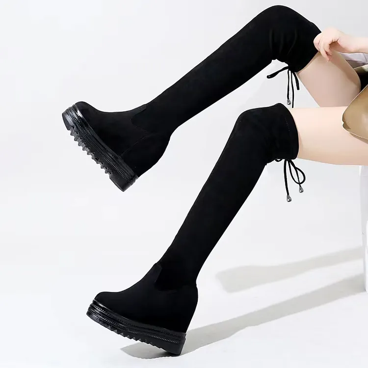坡跟过膝长靴女高跟绒面长筒靴小个子高筒靴厚底内增高显瘦弹力靴