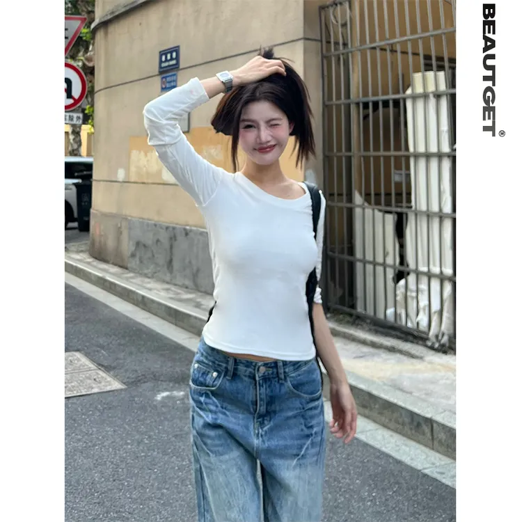 柠檬树来了 舒适简约百搭白色长袖T恤打底衫