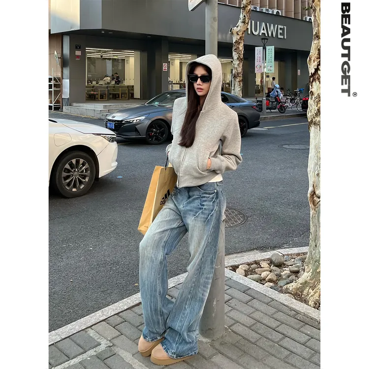 柠檬树来了 重磅400G美式潮流短款连帽开衫卫衣女春秋短外套