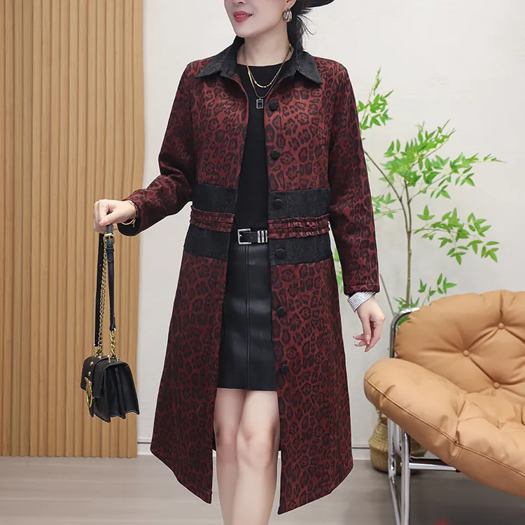 秋冬新款加绒加厚豹纹时尚百搭中长妈妈休闲洋气气质复古拼接风衣
