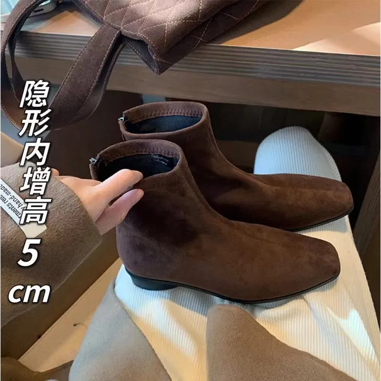小个子内增高5cm法式方头复古棕色粗跟短靴女拉链平底马丁靴韩系