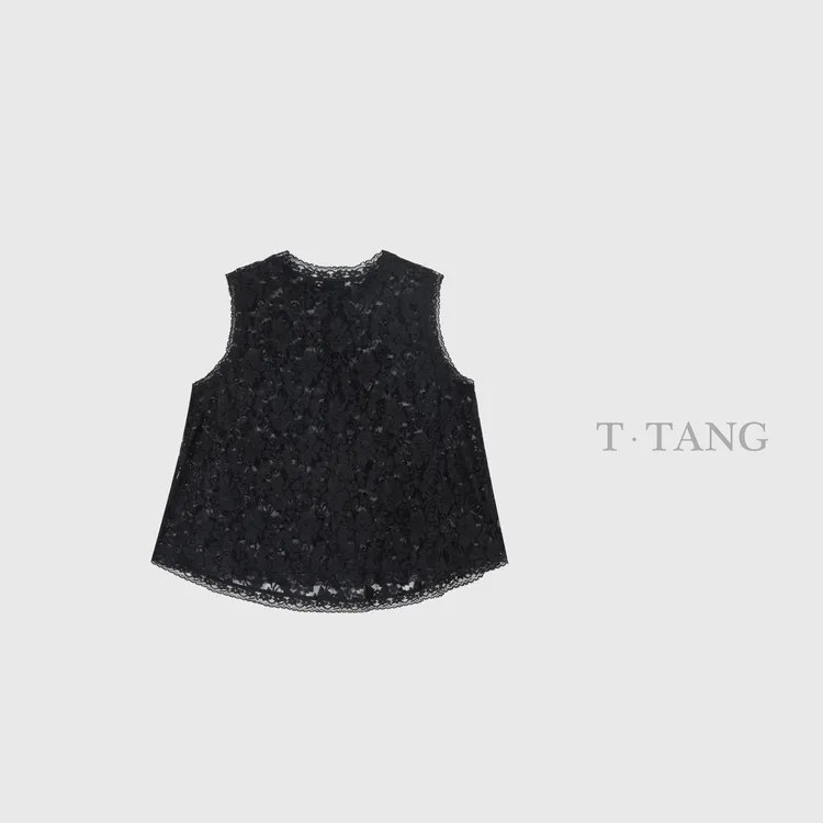 秋季立体镂空高档蕾丝花边拼缝气质时尚小香风无袖纯色上衣【6276】