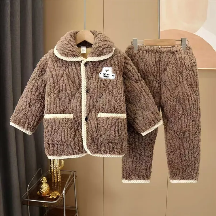 儿童秋冬款珊瑚绒加厚睡衣宝宝男童女童三层夹棉舒棉绒家居服套装