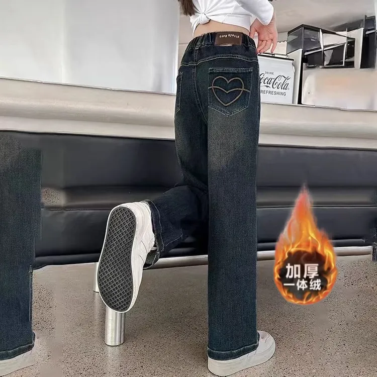 中大女童牛仔裤加绒秋冬一体绒百搭女孩裤子窄版阔腿牛仔裤女儿童