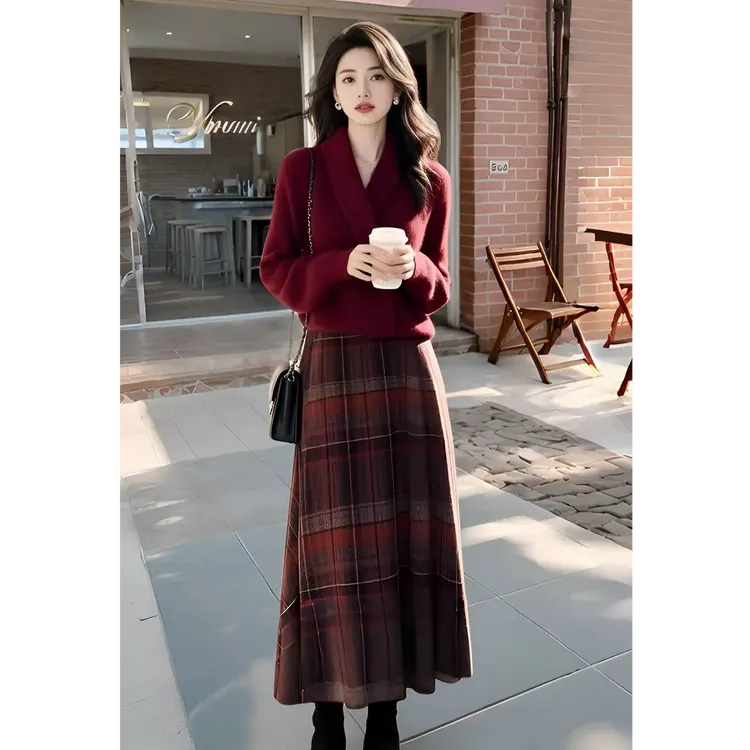 3922+3923入冬穿搭一整套小香风红色加厚毛衣针织裙子两件套