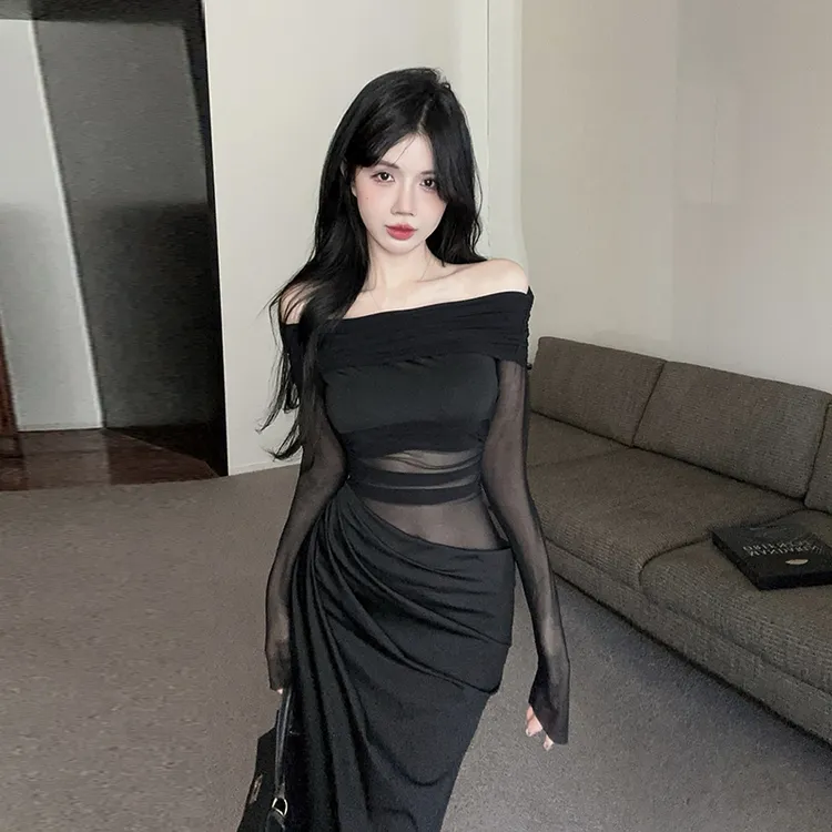 网纱一字肩网纱透视长款修身连衣裙