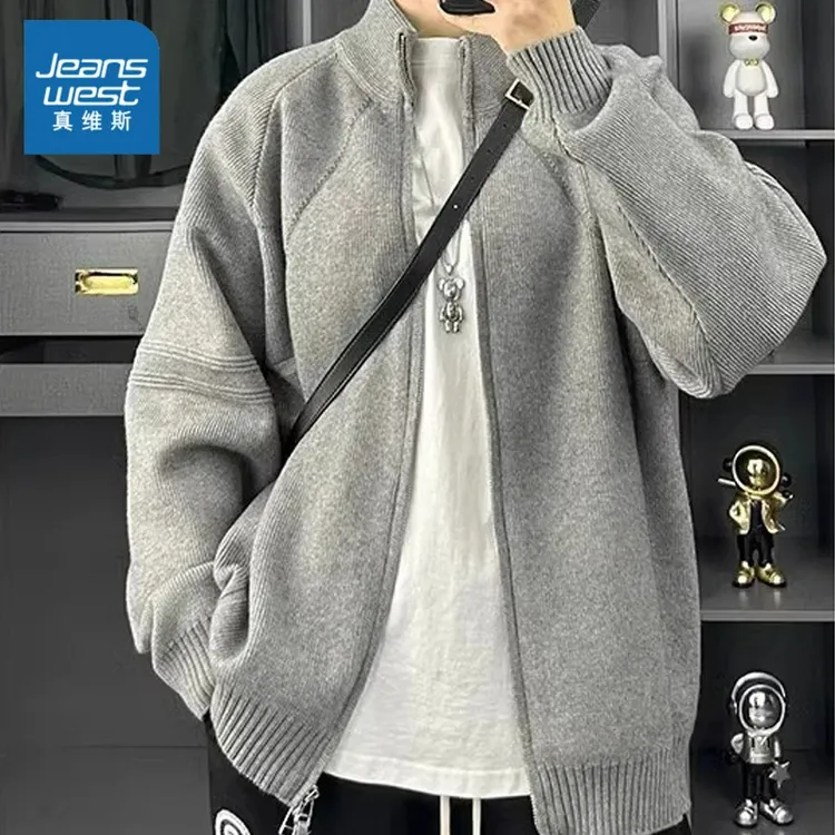 真维斯秋冬季新款美式重磅开衫拉链毛衣男士宽松高端时尚保暖外套