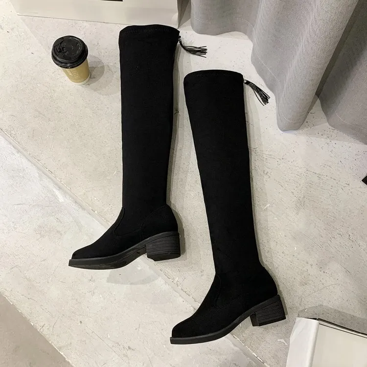 秋冬新款加绒显瘦长靴瘦瘦靴粗跟高筒西部靴子高筒靴小个子过膝靴