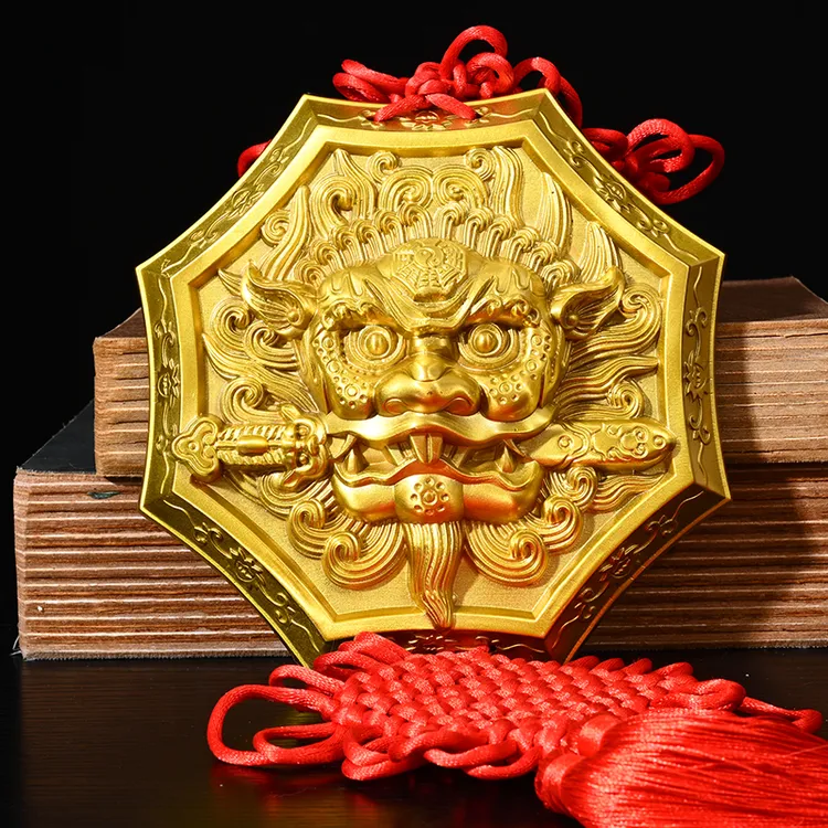 狮咬剑精工黄铜狮子头八卦镜虎头牌兽头挂件睚眦门神摆件狮子咬剑