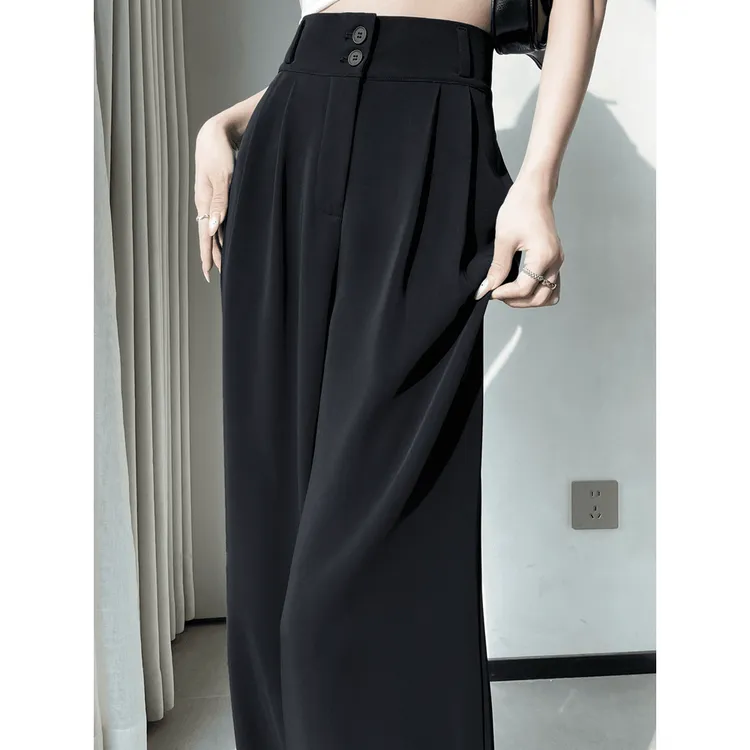 黑色冰丝阔腿裤子女夏季薄款2024新款高腰直筒高级感西装裤垂坠感