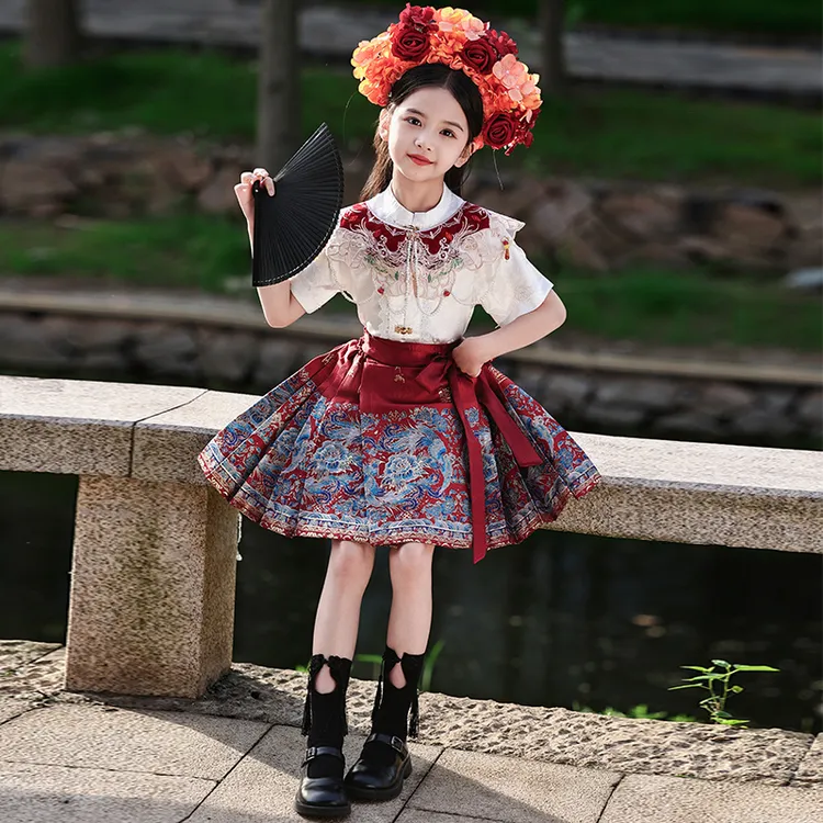 汉服女童马面裙套装织金儿童夏装2024新款女孩短袖薄款夏季新中式