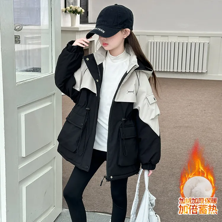 派克服外套棉服2024新款中大童洋气冬季女孩女童女款拼色棉衣