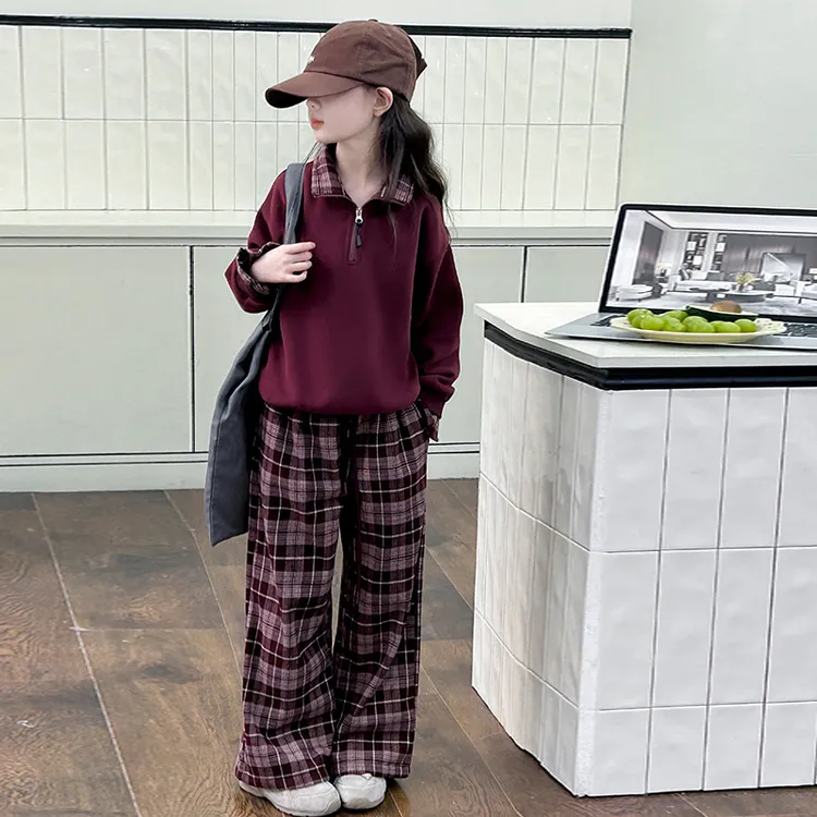 时尚套装2025新款洋气休闲女孩女童卫衣棉服格子裤两件套外套潮
