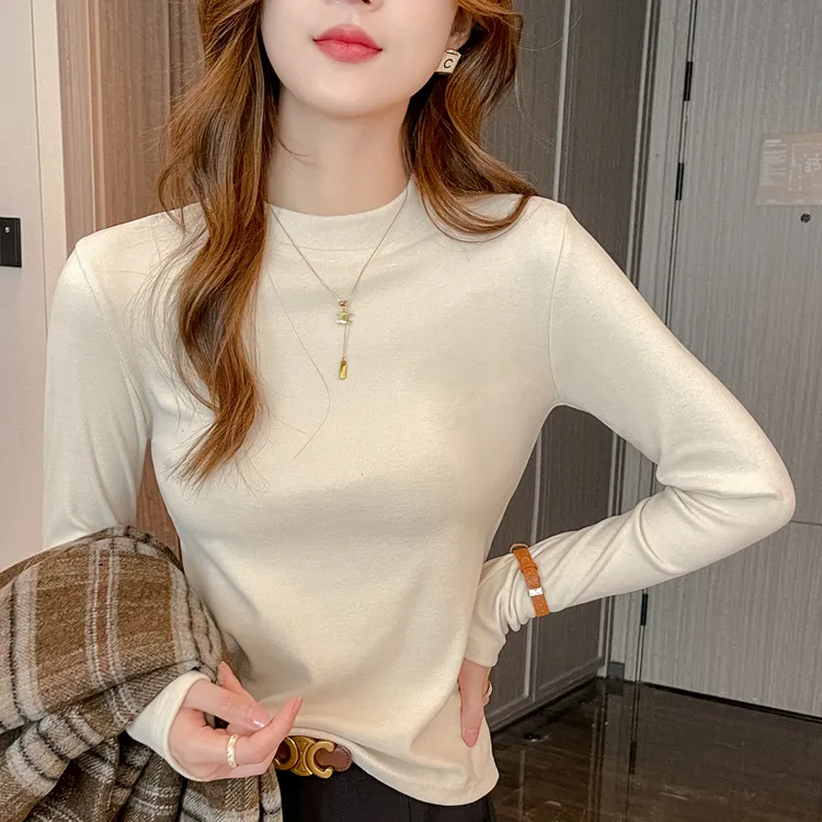秋冬季微米德绒立领打底衫内搭圆领女士长袖新款外穿显瘦正肩t恤
