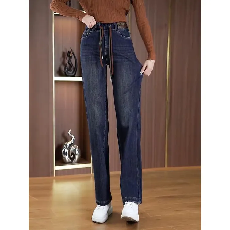 松紧腰高弹显瘦裤子女2025年春夏弹力牛仔裤窄版直筒阔腿裤子时尚