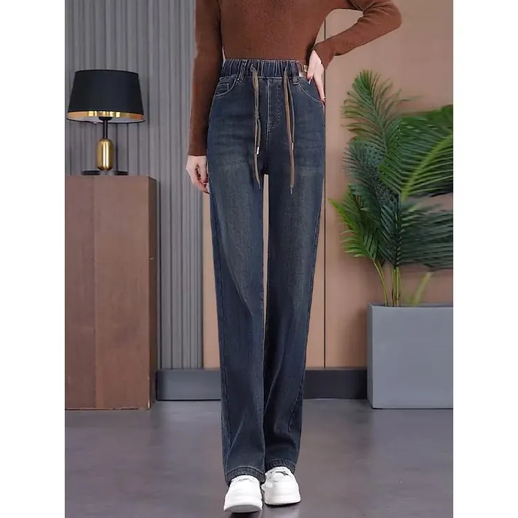 水泥灰阔腿牛仔裤女春秋2025新款松紧高腰宽松显瘦宽松休闲直筒裤