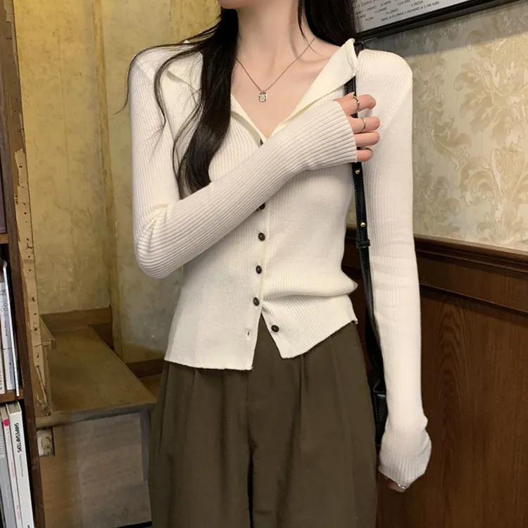 7543针织开衫女早春秋修身翻领气质内搭打底毛衣短款V领上衣