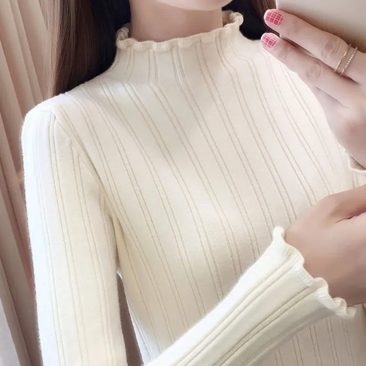 7422半高领打底衫女长袖内搭秋冬中领毛衣短款修身木耳边针织衫