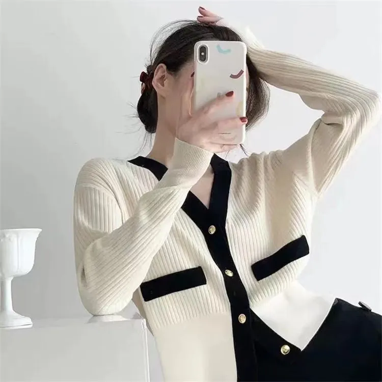 7436法式小香风别致拼色开衫女早秋新款女装设计感独特毛衣外套
