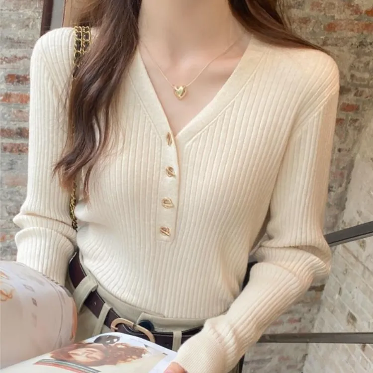 7318打底衫女小香风内搭新款秋冬v领针织衫软糯毛衣秋季长袖上衣
