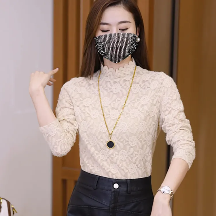 秋冬时尚加绒加厚蕾丝半高领打底衫女秋装时髦洋气外出上档次