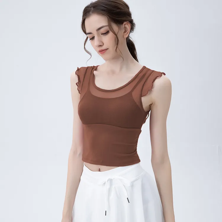 新款夏季瑜伽服裸感纯瑜伽背心女网纱带胸垫上衣速干透气运动短袖
