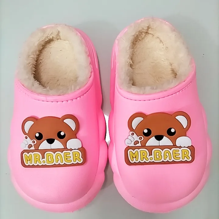 【防水】冬季男童女童卡通防水PVC塑胶面可防水珊瑚绒内里毛拖鞋