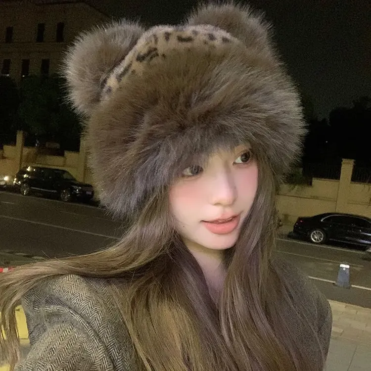冬季豹纹米奇帽可爱减龄时尚保暖舒适耳朵豹纹蒙古帽秋冬帽子Z121
