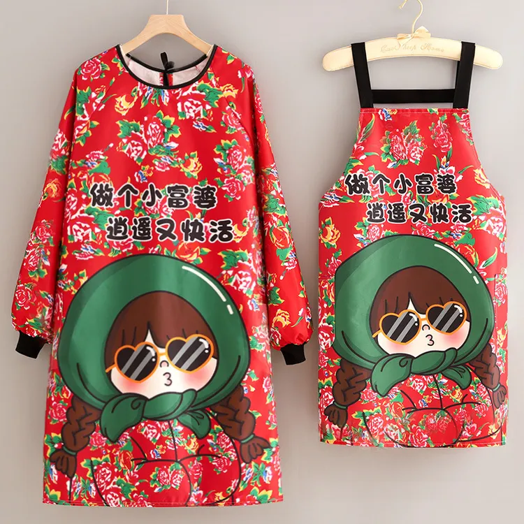 【新款】环保防水围裙日常家用厨房做饭女士洋气民族风卡通工作服TT