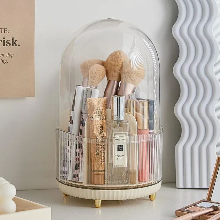 旋转化妆品收纳桶分格带盖桌面透明化妆刷子口红大容筒收纳盒防尘