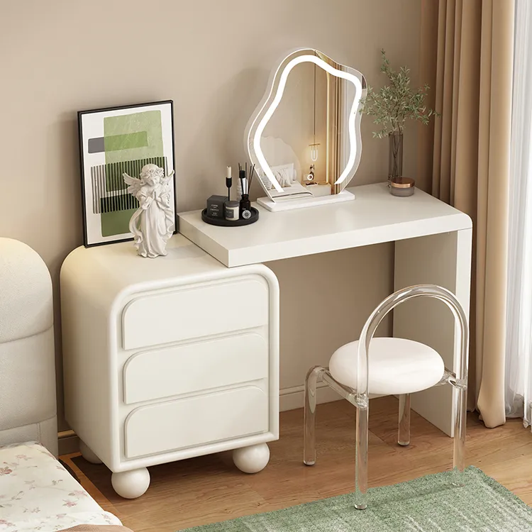 奶油风烤漆实木斗柜一体梳妆台卧室高级化妆台床尾柜现代简约