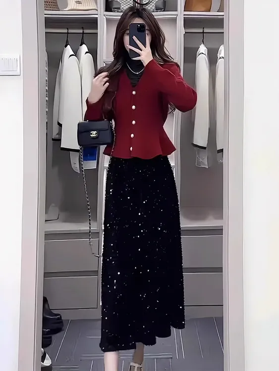 今年流行秋装小个子穿搭高级感轻熟御姐风气质红色开衫洋气半身裙