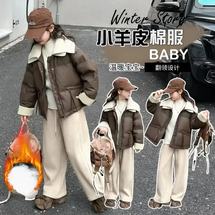 女童冬款棉服2025新款洋气棉袄女孩翻领棉衣儿童韩版加厚外套潮