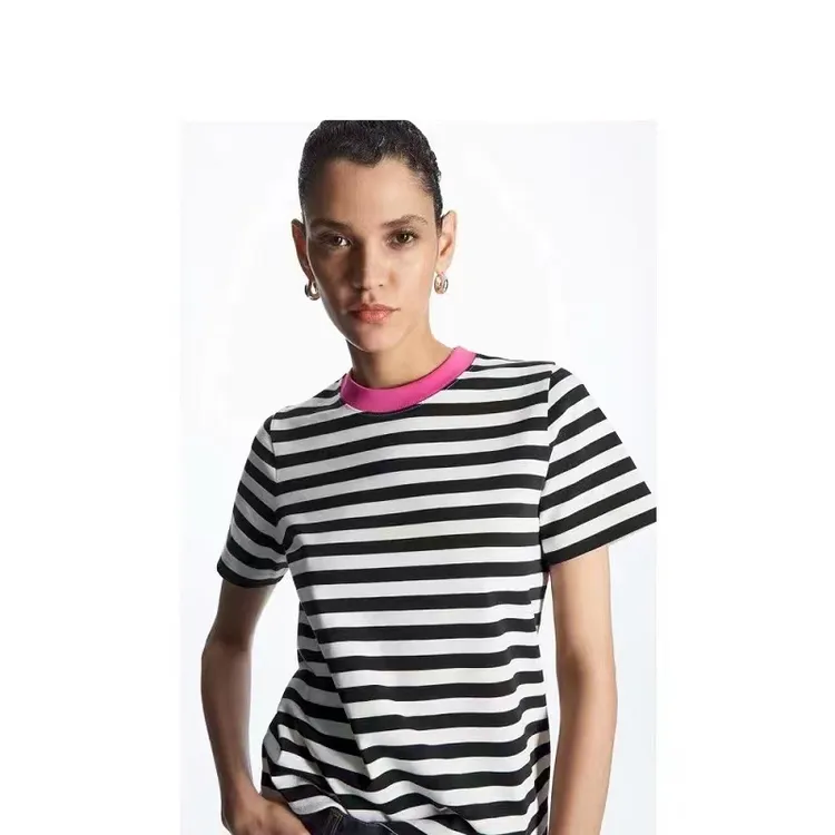 C家女装 春夏新品标准版型拼色圆领条纹短袖T恤休闲女士上衣